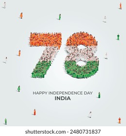 15th of August Happy Independence Day India. A large group of people form to create the number 78. Indian people in traditional dress or clothings. Vector illustration. 