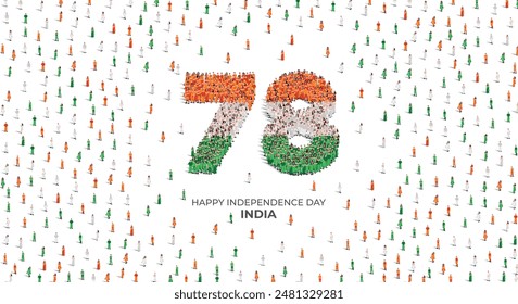 15th of August Happy Independence Day India. A large group of people form to create the number 78. Indian people in traditional dress or clothings. Vector illustration. 