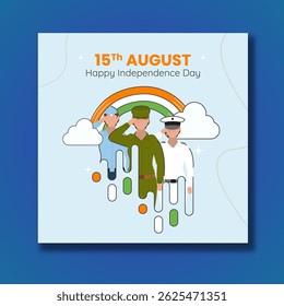 15th August Happy Independence Day Concept with Faceless Female Indian Armed Forces on Cloudy Sky and Rainbow Background.