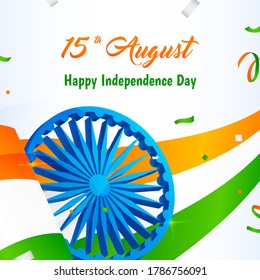 15th August, Happy Indian Independence Day greeting card Vector design. Ashoka chakra wheel with waved ribbon.