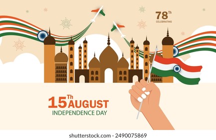 15th August Independence Day Celebration Background. hand holding Indian flag and Taj mahal