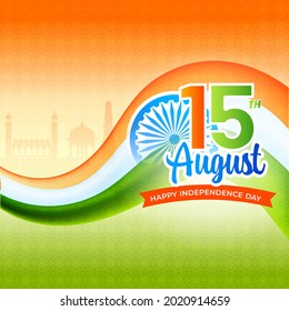 15th August, Independence Day Concept With India Flag Ribbon On Orange And Green Sacred Geometric Background.