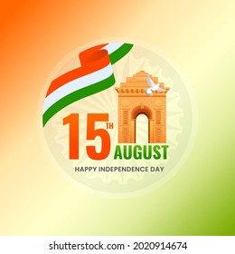 15th August, Independence Day Concept With India Gate, Dove Flying, Tricolor Ribbon On Orange And Green Background.