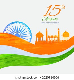 15. August Unabhängigkeitstag Konzept mit Ashoka Wheel, Red Fort Monument und Grunge-Effekt Tricolor Wave über Hintergrund.