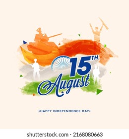 15Th August, Independence Day Concept With Tricolor Brush Effect Silhouette Soldiers Against Pastel Pink Background.