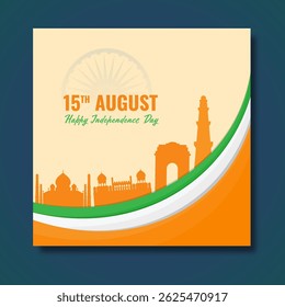 15 de agosto, Independence Day Concept com Silhouette Indian Famous Monuments no fundo abstrato.
