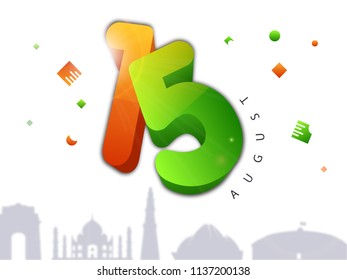 15th Of August. Independence Day design with illustration of famous silhouette monuments with Frame.