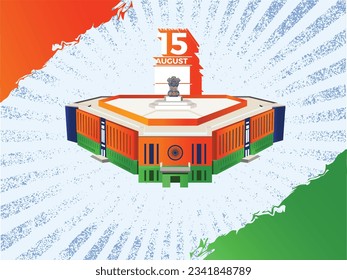 15th August Independence day of India. New Parliament building. A Tri color background banner for social media, branding, or poster design.