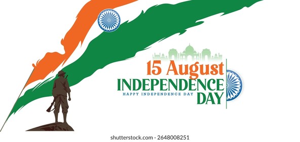 15th August Independence Day Of India With Patriotic Symbolism, Featuring The Tricolor, Monuments, And A Symbolic Chakra, Symbolizing Unity, Freedom, And Cultural Heritage.