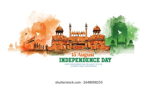 15th August Independence Day Of India With Patriotic Symbolism, Featuring The Tricolor, Monuments, And A Symbolic Chakra, Symbolizing Unity, Freedom, And Cultural Heritage.