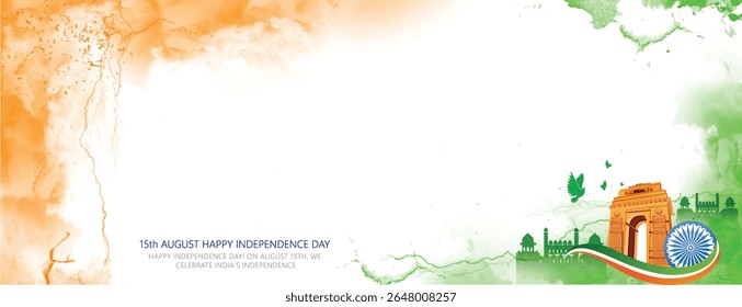 15th August Independence Day Of India With Patriotic Symbolism, Featuring The Tricolor, Monuments, And A Symbolic Chakra, Symbolizing Unity, Freedom, And Cultural Heritage.