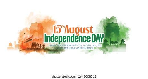 15th August Independence Day Of India With Patriotic Symbolism, Featuring The Tricolor, Monuments, And A Symbolic Chakra, Symbolizing Unity, Freedom, And Cultural Heritage.