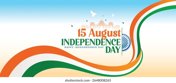 15th August Independence Day Of India With Patriotic Symbolism, Featuring The Tricolor, Monuments, And A Symbolic Chakra, Symbolizing Unity, Freedom, And Cultural Heritage.
