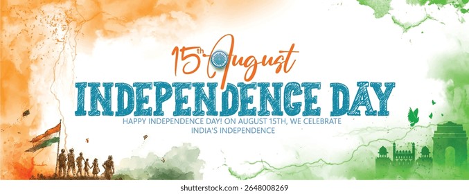 15th August Independence Day Of India With Patriotic Symbolism, Featuring The Tricolor, Monuments, And A Symbolic Chakra, Symbolizing Unity, Freedom, And Cultural Heritage.