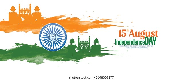 15th August Independence Day Of India With Patriotic Symbolism, Featuring The Tricolor, Monuments, And A Symbolic Chakra, Symbolizing Unity, Freedom, And Cultural Heritage.