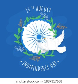 15th August Independence Day Poster Design with Ashoka Wheel Decorated Green Leaves and Flying Bird on Blue Background.