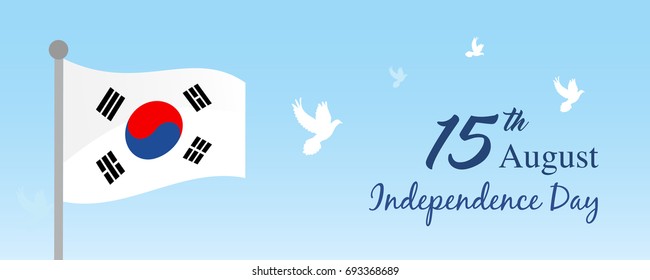 15th August, Independence Day of South Korea vector illustration. South Korea flag waving with birds on blue sky.