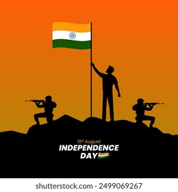  15th August Independence Day is written at the bottom The design emphasizes the patriotic spirit and the role of the armed forces A solid orange background completes the simple patriotic design