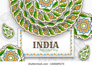 15th of August India Independence Day. Greeting card with arabesque floral pattern. Paisley and Mandala.  Vector illustration.