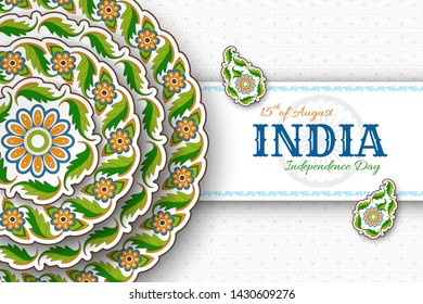 15th of August India Independence Day. Greeting card with arabesque floral pattern. Paisley and Mandala.  Vector illustration.