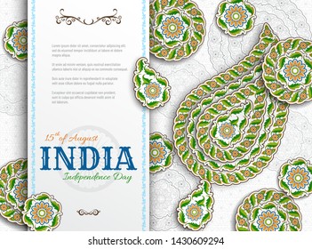 15th of August India Independence Day. Greeting card with arabesque floral pattern. Paisley and Mandala.  Vector illustration.