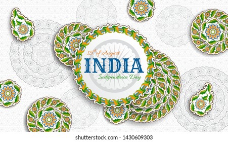 15th of August India Independence Day. Greeting card with arabesque floral pattern. Paisley and Mandala.  Vector illustration.