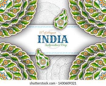 15th of August India Independence Day. Greeting card with arabesque floral pattern. Paisley and Mandala.  Vector illustration.