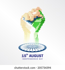 15th August, India Independence Day celebrations concept with geometric shape hand fist in national flag color theme on white background