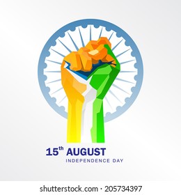 15th August, India Independence Day celebrations concept with geometric shape hand fist in national flag color theme on white background