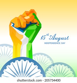 15th August, India Independence Day celebrations concept with geometric shape hand fist in national flag color theme.