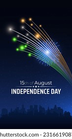 15th of august, india independence day, Indian colorful fireworks flag on blue night sky background, cityscape. India national holiday august 15. Independence day greeting card. Vector. Wallpaper