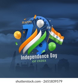 banner quadrado do dia da independência da índia de 15 de agosto com número 3d 79, fita tricolor, bandeira, balões e chakra ashoka no fundo azul nublado escuro