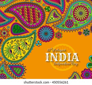 15th of August India Independence Day. Greeting card with paisley ornament. Vector illustration.