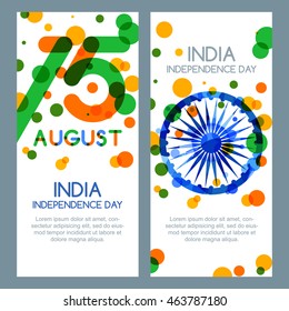 15th of August, India Independence Day. Vector multicolor banners and backgrounds. India flag colors, trendy lettering and ashoka wheel. Design for greeting card, holiday banner, flyer, poster.