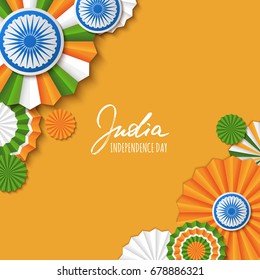 15th of August, India Independence Day. Vector paper stars in Indian flag colors, ashoka wheel, hand drawn calligraphy. Material design concept for greeting card, banner layout, flyer, poster