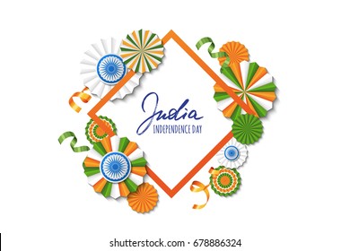 15th of August, India Independence Day. Vector paper stars in Indian flag colors, ashoka wheel, hand drawn calligraphy. Holiday frame for greeting card, banner layout, flyer, poster.