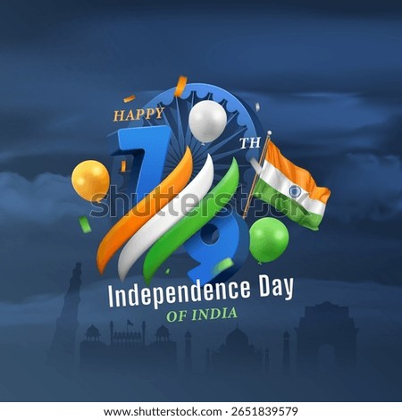 15th august india independence day square banner with 3d 79 number, tricolor ribbon, flag, balloons, and ashoka chakra on dark cloudy blue background