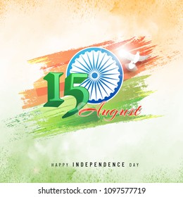 15th August, Indian Independence Day celebration concept with stylish text, ashoka wheel on grungy colour background. 