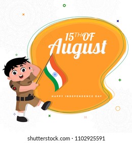 15th of August, Indian Independence Day concept with cute boy saluting and holding Indian flag on yellow and white background.