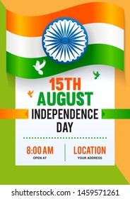 15th August, Indian Independence Day Poster Vector illustration. Flag of India, flyer design