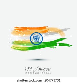 15th of August, Indian Independence Day celebrations background with national flag colors and ashoka wheel. 