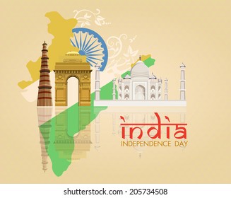 15th of August, Indian Independence Day celebrations card with ashoka wheel and national flag colors on beige background.