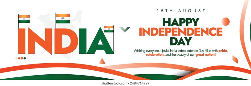 15th August Indian Independence day banner, post, card design. Happy independence day India celebration banner with its flag and flag colours design elements and text. The day celebrates Freedom.