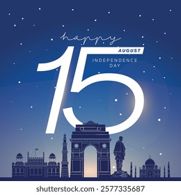 15th August Indian Independence Day banner template design with silhouette of Indian monument. vector illustration.