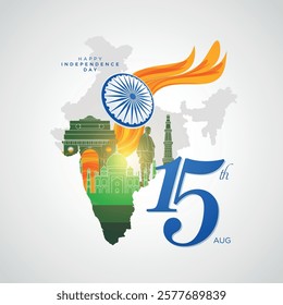 15th August Indian Independence Day banner template design with Indian map and silhouette of Indian monument. Typography vector illustration.