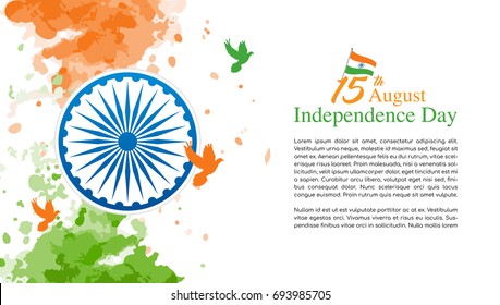 15th August, Indian Independence Day Vector illustration, Indian flag and Ashoka chakra wheel(spinning wheel) on watercolor splash with copy space.