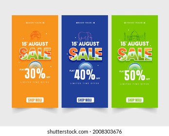 15th August Sale Template Or Vertical Banner Design With Different Discount Offer In Three Color Options.