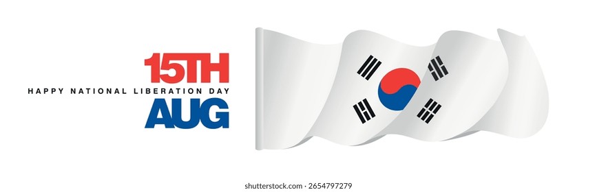 15th of August South Korea Happy National Liberation Day banner with wavy South Korea flag on white background