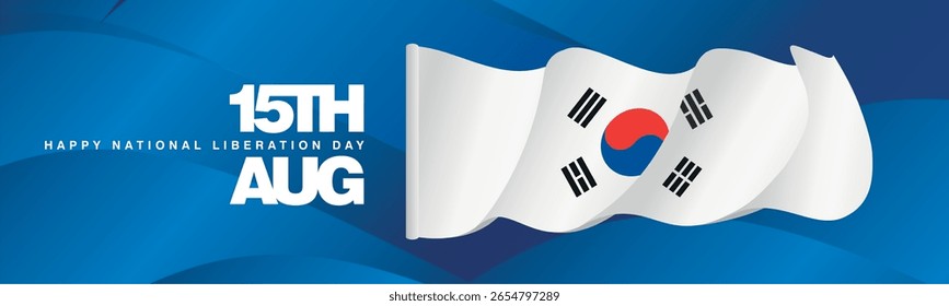 15th of August South Korea Happy National Liberation Day banner with wavy South Korea flag on abstract blue background