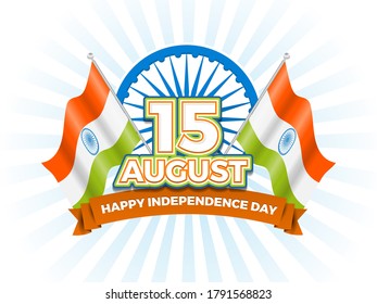 15. August Typografie mit Ashoka Chakra kreativen Hintergrund mit National Flag und Band für Card, Banner, Poster, Werbung, Broschüre, Rabatt, Verkauf, Vorlage. Alles Gute zum Unabhängigkeitstag!